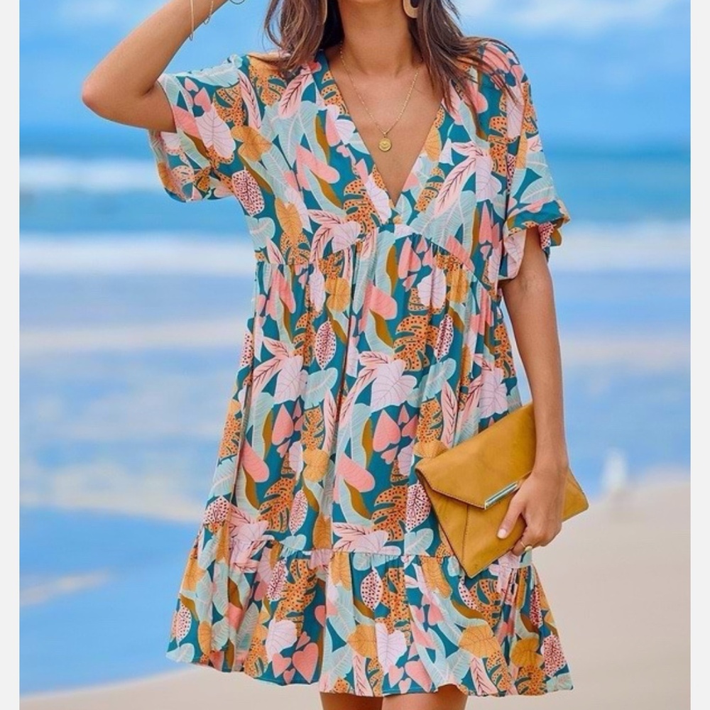 Cupshe Soft Tropics Short Sleeve Dress Large NWT New